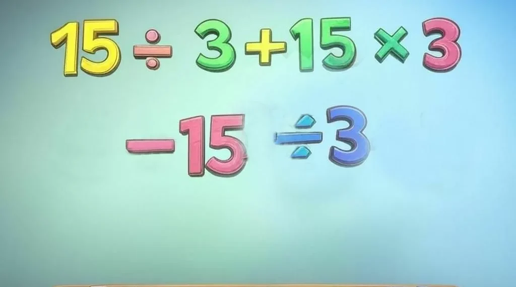 Aplica la jerarquía de operaciones en este reto matemático: 15 ÷ 3 + 15 × 3 – 15 ÷ 3