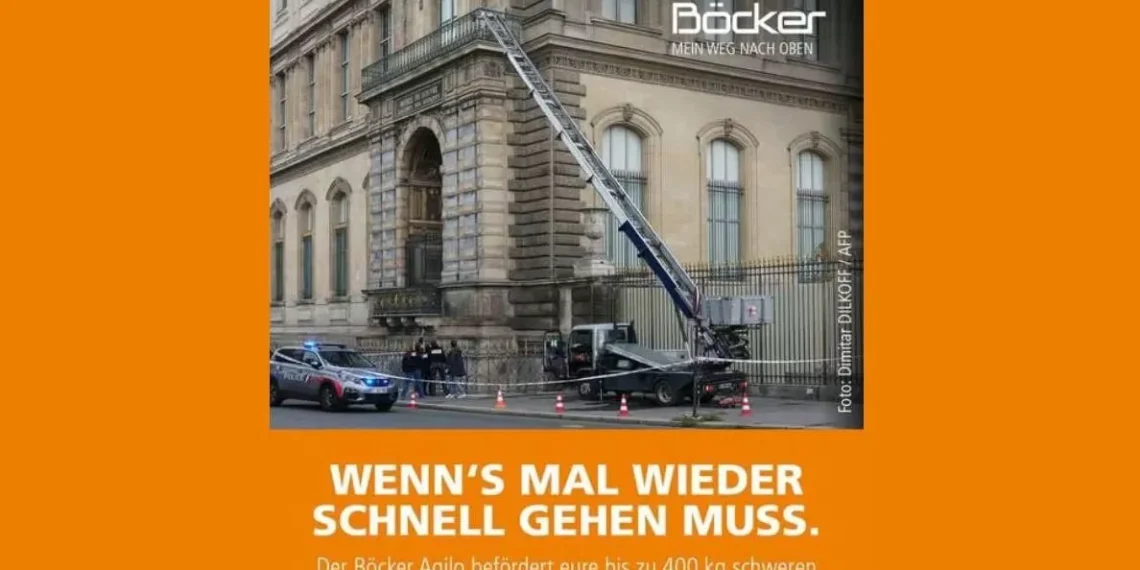 El fabricante del montacargas raído por los ladrones del Louvre aprovecha el robo para hacer aliciente (fig.): “Transporta sus tesoros de hasta 400 kilos a 42 m/minuto”